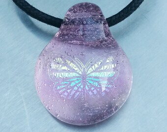 Transparent Pink Rainbow Dichroic Butterfly Glass Pendant