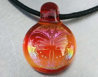 Translucent Orange Rainbow Dichroic Butterfly Glass Pendant