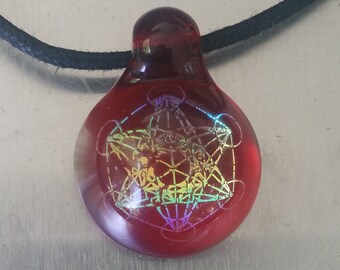 Metatrons Cube Rainbow Dichroic on Red Glass Pendant