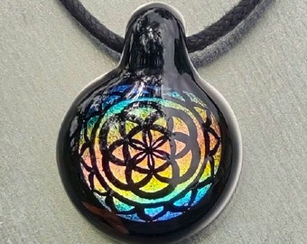 Rainbow Sacred Geometry Seed of Life on Black Glass Pendant