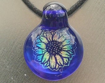 Rainbow Dichroic Sunflower on Cobalt Blue Glass Pendant