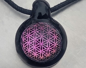 Magenta Gold Flower of Life on Black Glass Dichroic Pendant