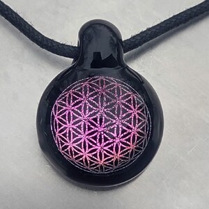 Magenta Gold Flower of Life on Black Glass Dichroic Pendant