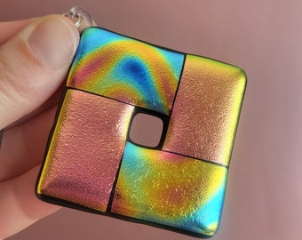 Large statement pink and rainbow square diamond dichroic fused glass sterling silver pendant necklace