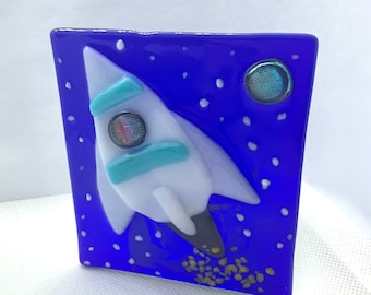 One a kind fused Glass Space ship rocket tea light holder for candle with dichroic glass moon
