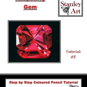 Może przedstawiać: Krok po kroku tutorial z użyciem kolorowych ołówków, jak narysować czerwony kamień szlachetny, zatytułowany "Raspberry Gem". Tutorial pochodzi od Deb Stanley CPCAS i zawiera jej adres strony internetowej, www.debstanleyart.co.uk.