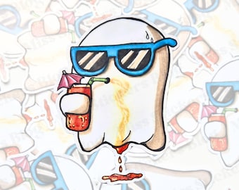 Ghost with Sunglasses Drinking Cocktail Sticker | Summer Vibes Vinyl Decal