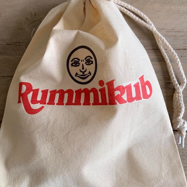 25cm x 30cm  drawstring Rummikub counter storage bag with logo & smiley face