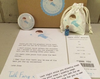 Blue Tooth Fairy kit with bag, letter receipt, card, 55mm badge & fairy dust in gift box