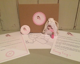 Pink Dummy Fairy kit with bag, personalised certificate, 55mm badge & fairy dust in gift box