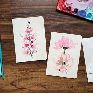 Original Pink Flower Watercolor Greeting Cards: Hand-Painted 5x7 Cards, Set of 2