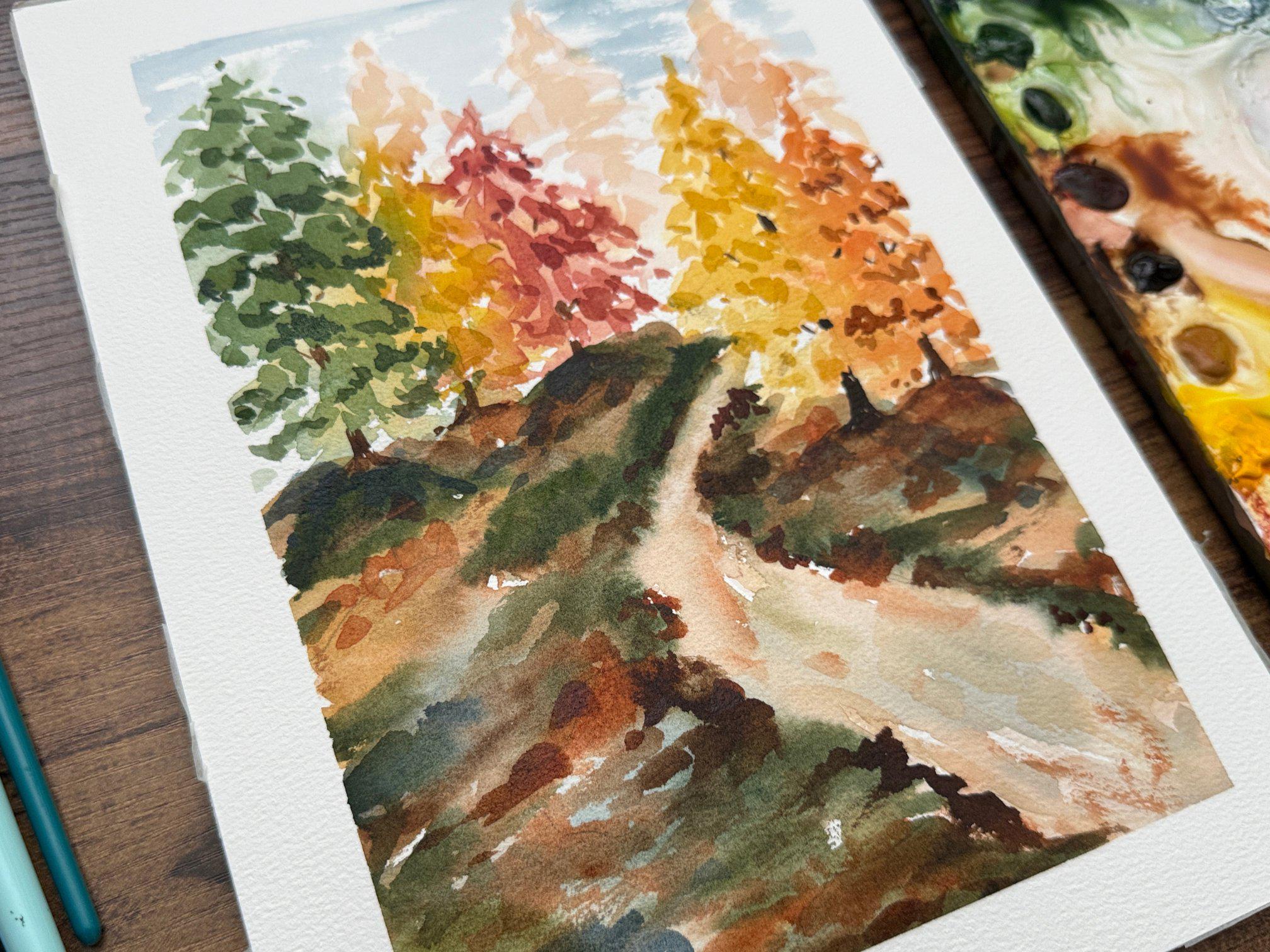 オリジナル水彩画 秋の風景画：手描きのボヘミアン風装飾、9x12 - Etsy