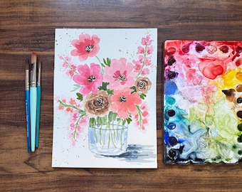 Original Bright Watercolor Floral Painting: Cute Flower and Vase Artwork 9x12