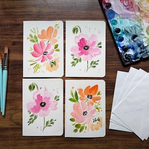 Original Watercolor Floral Greeting Cards: Hand-Painted 5x7 Stationery, Set of 4