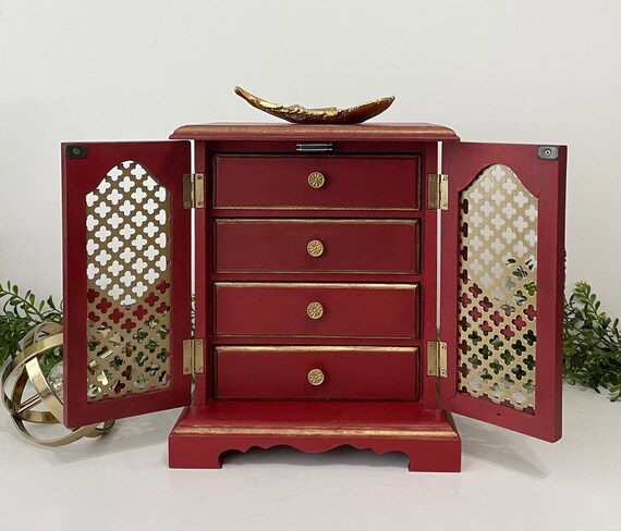 Vintage Red Wood Jewelry Box with Double Doors - image 2