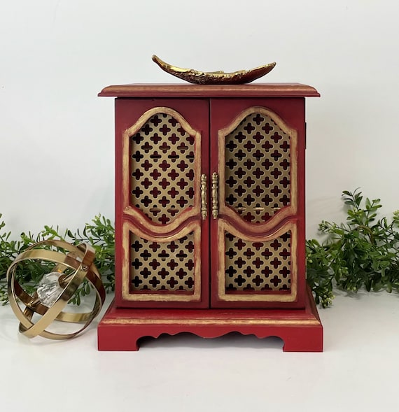 Vintage Red Wood Jewelry Box with Double Doors - image 1