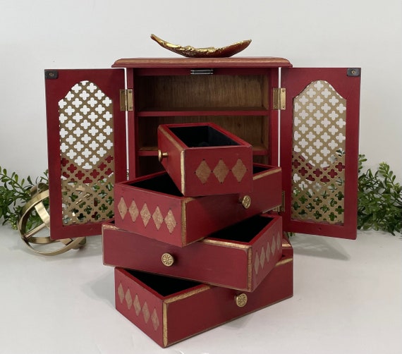 Vintage Red Wood Jewelry Box with Double Doors - image 3