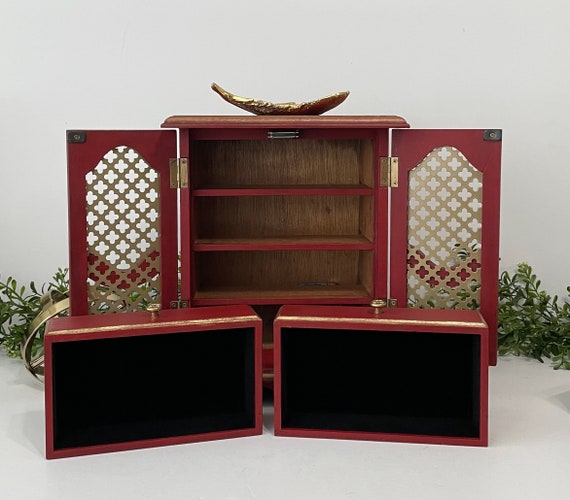 Vintage Red Wood Jewelry Box with Double Doors - image 4