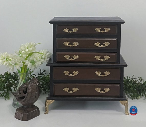 Vintage French Provincial Black Chest on Chest Wood Jewelry Box