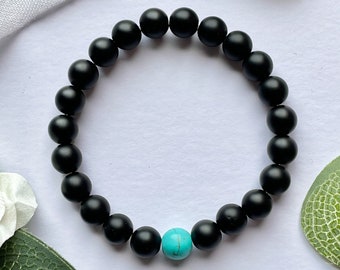 Self Love Bracelet: Turquoise Stone, Black Bead. Handmade blue gemstone - friendship distance bracelet gift (jewellery)