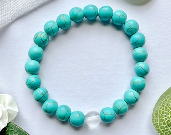 Self Love Bracelet: Turquoise Stone, Clear Bead. Handmade blue gemstone - friendship distance bracelet gift (jewellery)