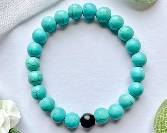 Self Love Bracelet: Turquoise Stone, Black Bead. Handmade blue gemstone - friendship distance bracelet gift (jewellery)