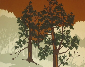 Vintage 1982 Marushka Forest Trees Screen Print on Stretched