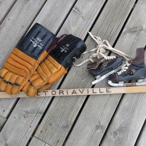 Vintage Hockey Themed Motiff Collectible Boy's Skates, Victoriaville Hockey Stick, Cooper Weeks Hockey Gloves Decoration.  **FREE Shipping**