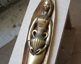 Rare Vintage Mid Century Modern Art Deco Chalkware Favorware Original Wall Decor Plaque of a Lady Holding a Water Jug.  **FREE Shipping**