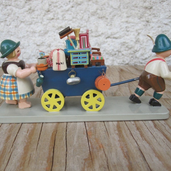 Rare Vintage ERZGEBIRGE Wendt Kuhn Moving Day Man Women Pulling Cart Artisan Artistic Custom Crafted Hand Painted Woodcraft. *FREE Shipping*