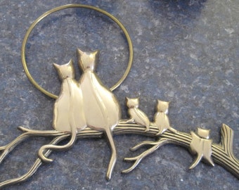 Solid Brass Cat Family Portrait Sitting on a Branch Watching the Moon Wall Hanging Ornament Art Wall Sculpture.  **FREE Shipping**