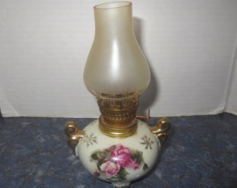 Vintage Ceramic Porcelain Miniature Oil Lamp with Floral Flower Art Design and Frosted Shade Made in Japan.  **FREE Shipping**