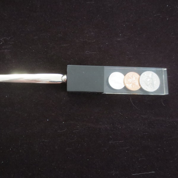 Vintage 1966 Canadian Coin Acrylic Lucite Stainless Steel Chrome Blade Letter Opener.   **FREE Shipping**