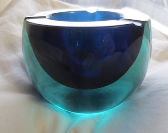 Stunning Vintage Mid Century Modern Murano Sommerso Cenedese Orb Blue and Green Hand Blown Art Glass Bowl Ashtray.  **FREE Shipping**