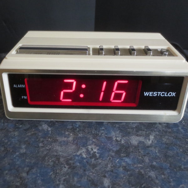 Vintage Retro Old School 80's Chic Slick Sleek White Westclox Red LED Bedside Alarm Clock.   **FREE Shipping**