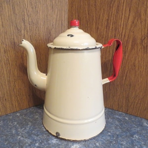 Rare Vintage Depression Era Rustic Primitive Farmhouse Cottage Chic Enamel Stove Top Coffee Pot with Goose Neck Spout.  **FREE Shipping**