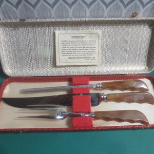Vintage Brand New Stainless Plated Carving Knife 3 Piece Set by Premier Made in Sheffield England with Original Case.   **FREE Shipping**