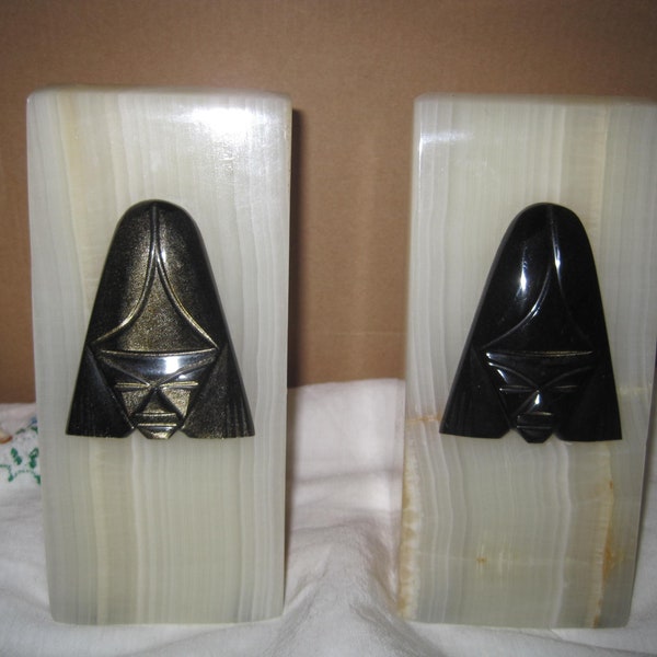 Vintage Handcrafted Hand Carved Solid Onyx and Obsidian Stone Aztec Themed Bookends with Ancient Aztec Themed Tribal Mask. **FREE Shipping**