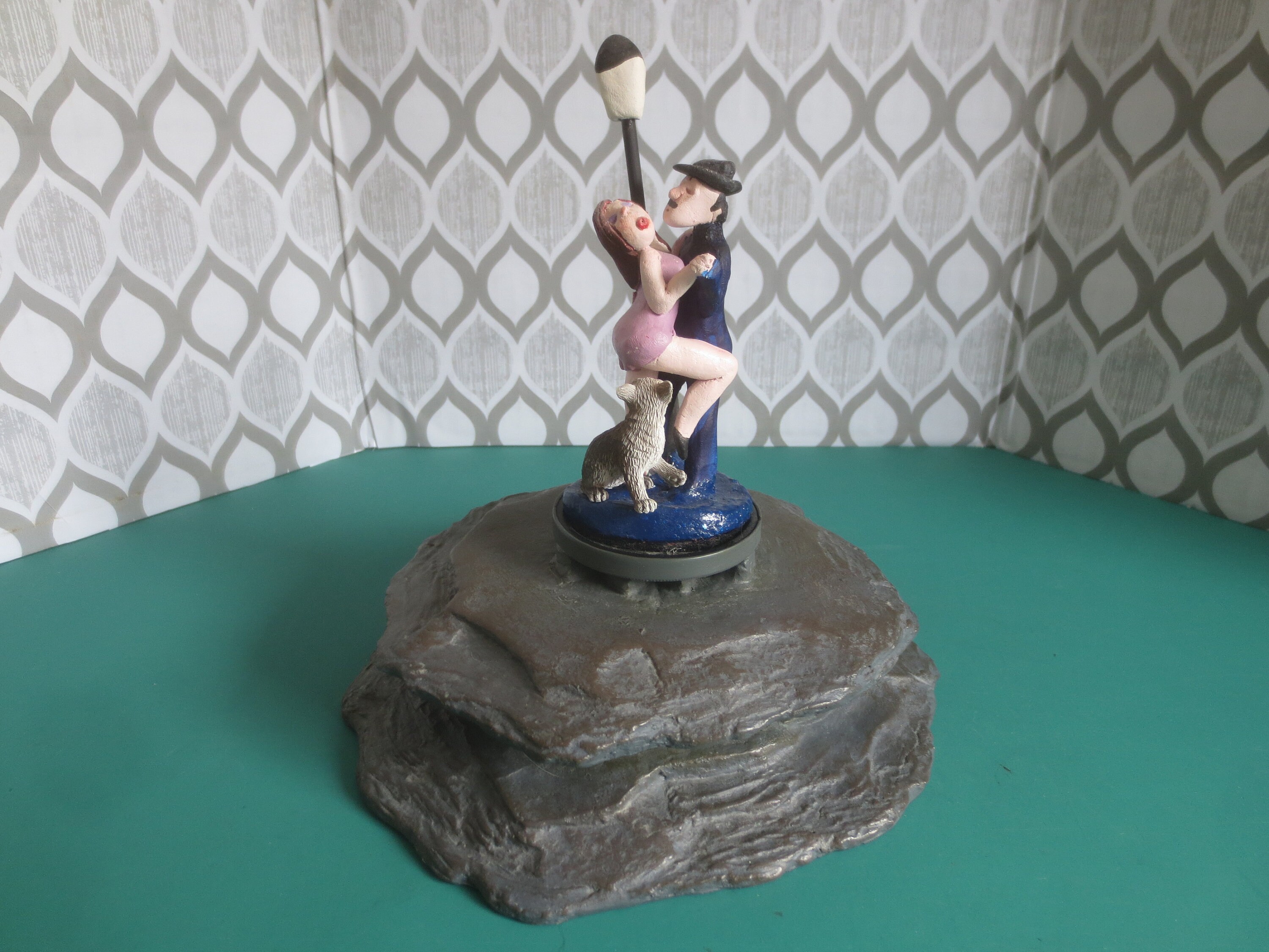Handmade Hand Painted Hand Constructed Fun Humorous Pottery Intimate Couple Under the Street Lamp with Sniffing Cat.  **FREE Shipping**
