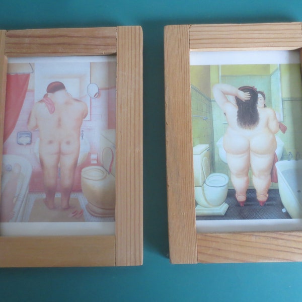 2 Vintage Matching Fun Humorous His and Her's Bathroom Art Print Pictures by Fernando Botero.  **FREE Shipping**