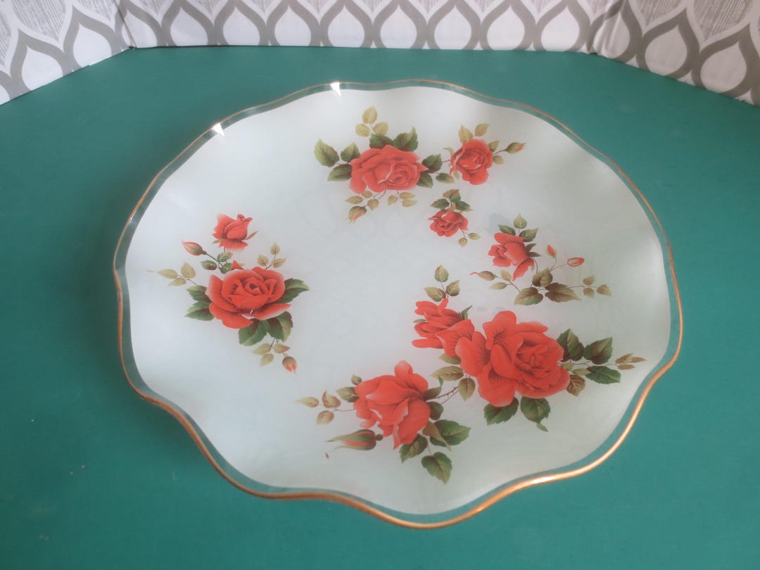 Vintage Mid Century Modern Rose Design Transferware Folded Ruffled Edge ...