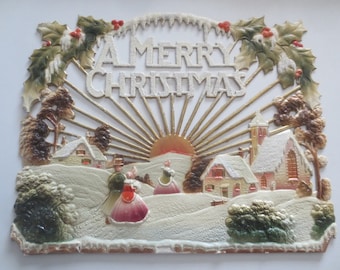 Exhibición de decoración navideña en relieve, rara, vintage, de mediados de siglo, hecha a mano, en cartulina prensada y pintada a mano, fabricada en Alemania. **