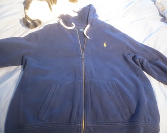 Vintage Retro Old School Classic Ralph Lauren Polo Deep Navy Blue Heavy Thick Zippered Hoodie - Size XXL.