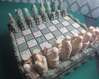 Rare Vintage Mid Century Modern Handmade Handcrafted Hand Carved Mexican Green Stone Malachite Miniature Chess Set.