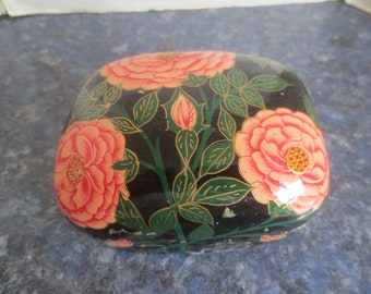 Vintage Artisan Handmade Handcrafted Hand Painted Lacquerware Flowers Floral Art Wooden Trinket Box Keepsake Treasure Box. **FREE Shipping**