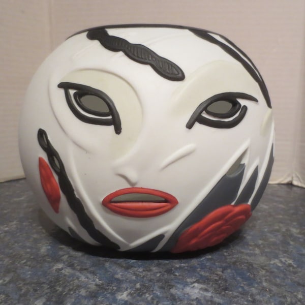 Vintage Partylite Tealight Candle Ceramic Porcelain Masquerade Japanese Kabuki Mask Themed Pumpkin Head Candle Bowl.  **FREE Shipping**
