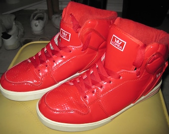 Vintage Retro Old School Supra Patent Red Hi-Top Vaider Sneaker Court Shoes - Size 8.5 Men's.  **FREE Shipping**