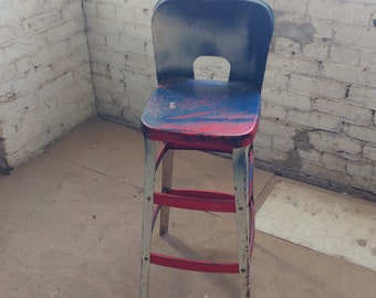 Rare Vintage Genuine 1940's Keenco Industrial Age Influenced Design Metal Stool Chair with Back Rest.  **FREE Shipping**