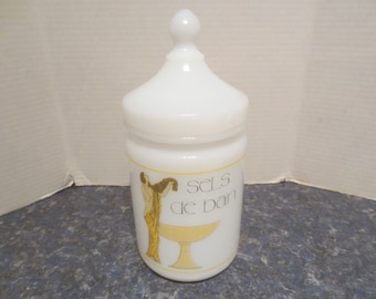 Vintage Sels De Bain Bath Salt White Opaline Milk Glass Lidded Jar with Art Deco Style Graphics.  **FREE Shipping**