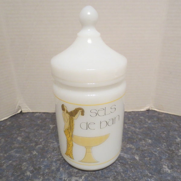 Vintage Sels De Bain Bath Salt White Opaline Milk Glass Lidded Jar with Art Deco Style Graphics.  **FREE Shipping**